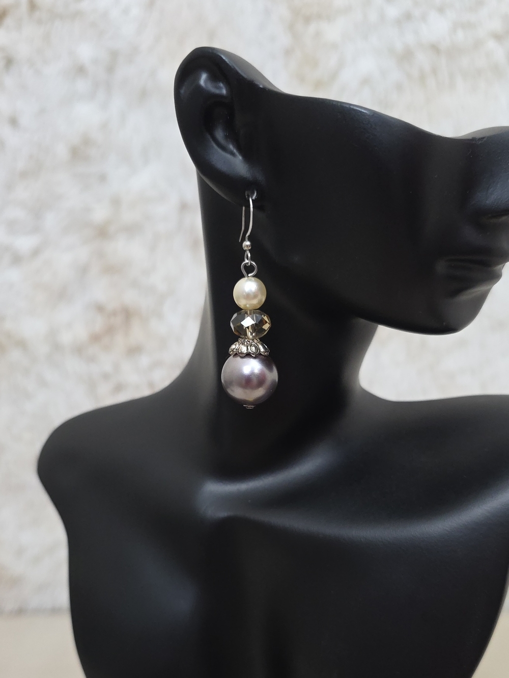 Artisan Style Pearl & Faceted Crystal Dangle Earrings Silver Tone